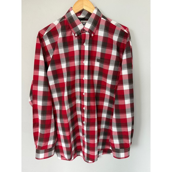 Cinch Mens Plaid Button Down Long Sleeve Shirt Red Brown White Size Medium - Picture 2 of 9